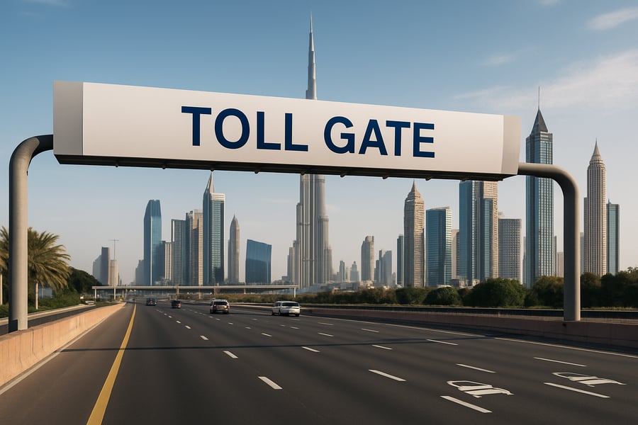 Dubai toll road with city skyline