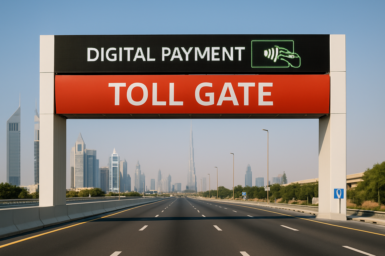 Modern Dubai toll gate with digital payment system